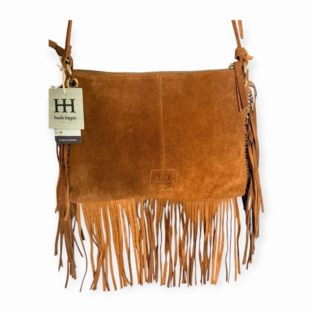 NWT Haute Hippie Suede Fringe Crossbody Bag Brown Boho Western Tassel Purse